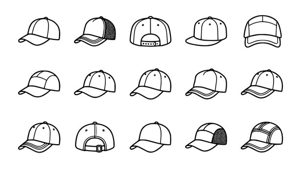 Sports and fashion cap thin line vector icon set featuring baseball snapback trucker golf tennis and athletic headwear