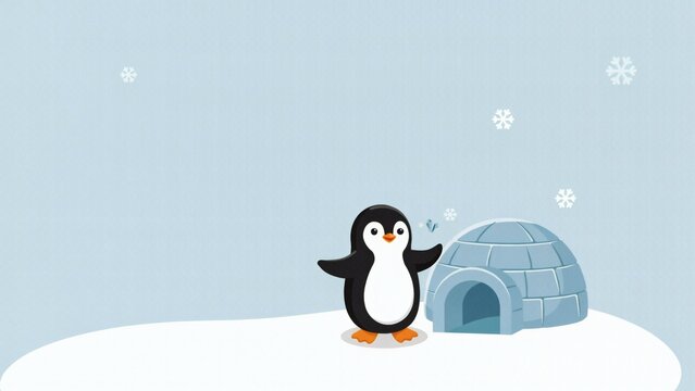 Cute penguin standing next to ice igloo in snowy winter landscape with cheerful cartoon penguin hill falling snowflakes