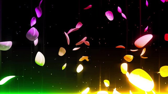 Colorful glowing petals float through a vibrant neon floral backdrop.