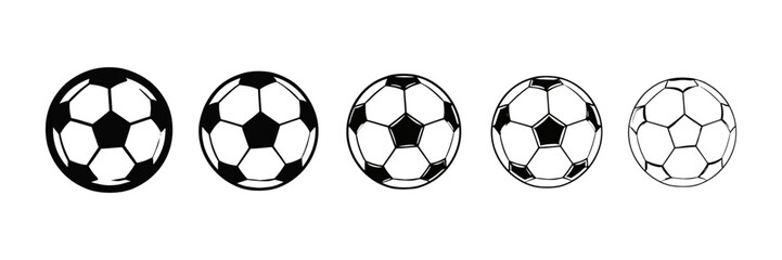 Naklejka premium Set of five elongated soccer ball illustrations with varying levels of black and white shading and detail