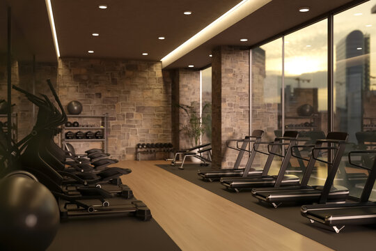 Modern Gym Interior with Fitness Equipment and Glass Windows Showing City View