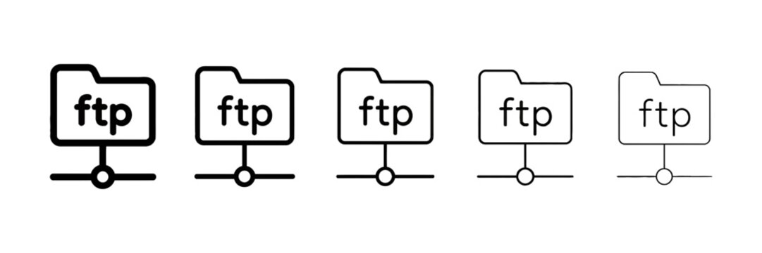 Set of ftp folder icons representing file transfer protocol and network data storage in various line weights