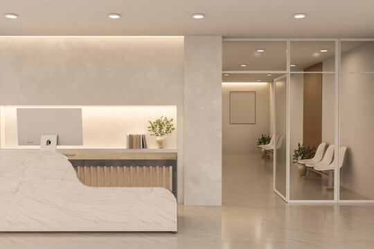 Modern Office Reception Desk with Curved Marble Front and Soft Lighting