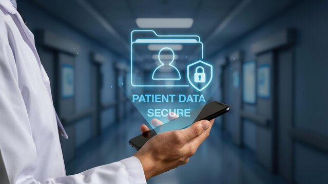 Doctor holding a mobile device displaying a digital holographic interface ensuring the total protection of confidential health records