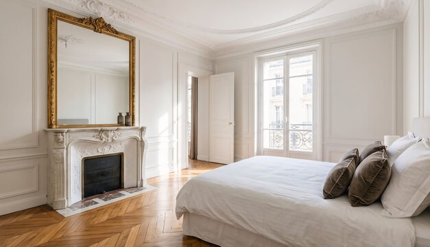 Elegant Parisian Haussmann Apartment Bedroom with Crown Molding