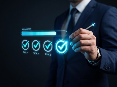 Businessman uses digital pen to check task progress on holographic bar interface featuring completed checklist items for efficient project management and control.