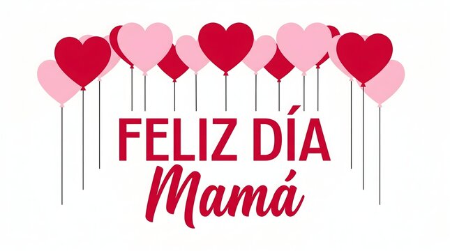 Happy mothers day greeting card with red and pink heart balloons isolated on white background
