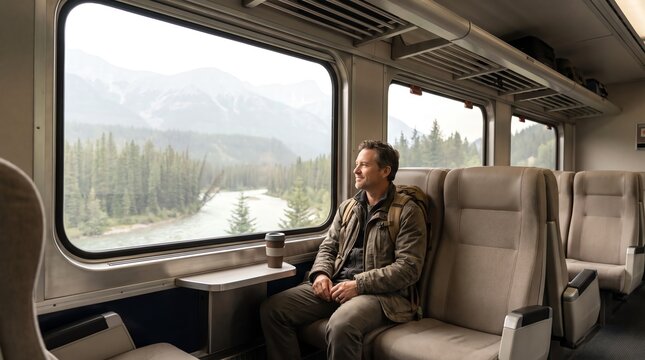 Man Traveling by Train Looking at Mountain Landscape Through Window