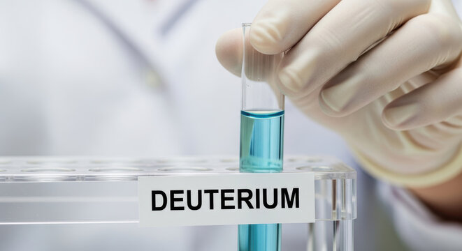 Deuterium sample in test tube held by gloved hand for nuclear fusion research in laboratory environment with scientific focus
