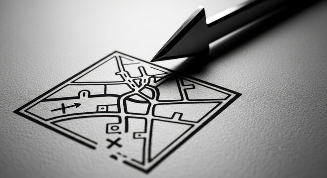Strategic navigation concept with paper arrow pointing on simple map drawing symbolizing direction and planning for success and goals
