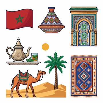Moroccan Culture Vector Icon Set Tagine Mint Tea Archway Camel
