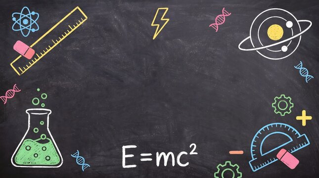 Hand-drawn chalk science and physics symbols on blackboard with energy formula and space icons