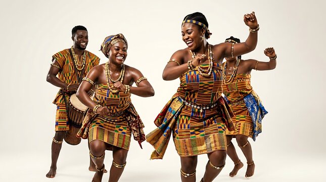 African dancers in traditional kente clothing celebrating with music