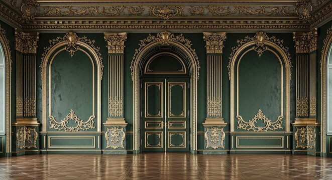 Opulent Royal Interior Hallway with Green Walls and Gold Ornate Decorations