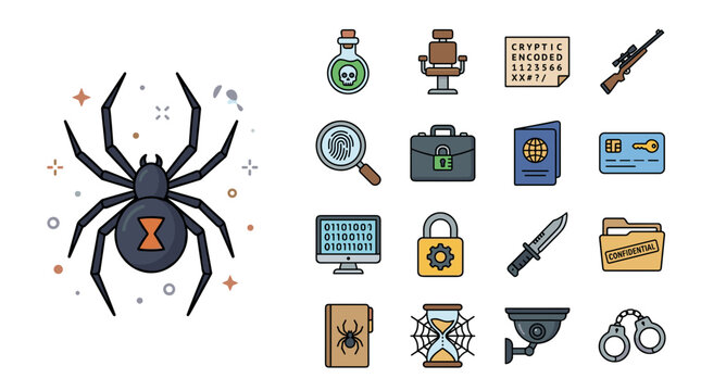 Black widow vector and secret agent equipment icons