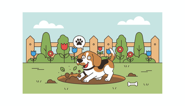 Playful cartoon beagle dog digging a hole in the dirt in a backyard garden with a wooden fence and flowers.