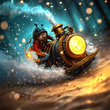 Whimsical Steampunk Character on Underwater Adventure Illustration