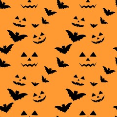 Fototapeta premium Halloween seamless pattern with scary and funny pumpkins. Halloween seamless background. Halloween pumpkins carved faces silhouette