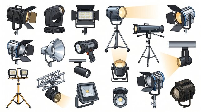 Spotlight Vector Collection, Stage Lights, Searchlights, LED Spotlights and Professional Lighting Equipment Illustration