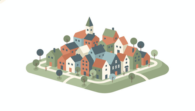 Cute isometric vector village map with small colorful houses, trees, pathways, and green grass on a white background.