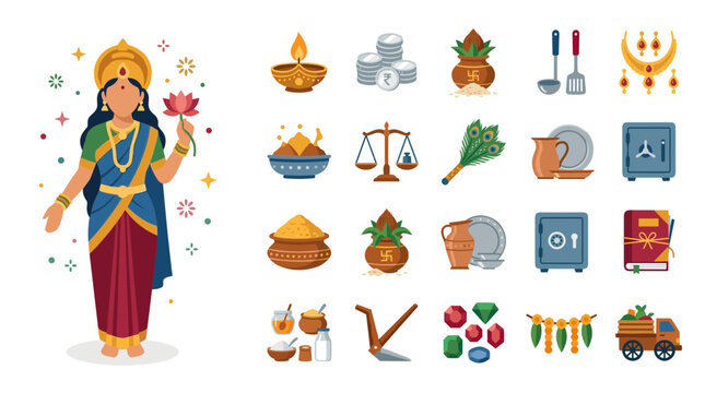 Dhanteras vector collection with goddess lakshmi and festive icons