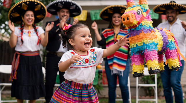 Hispanic Heritage Month features an excited Latinx toddler reaching for colorful pi?ata and family for festive poster