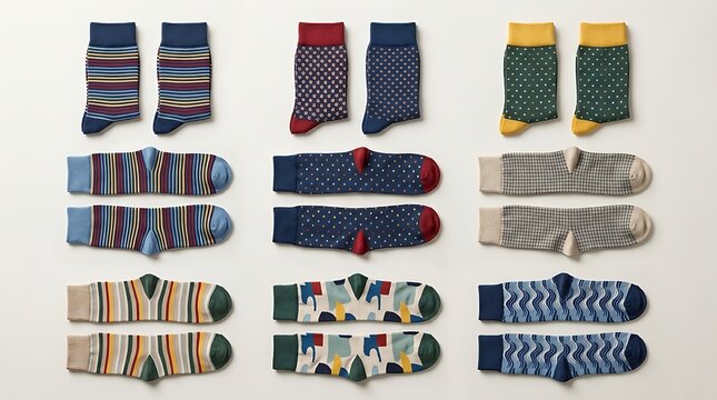 Set of Various Colorful Patterned Cotton Socks Isolated on White Background Flat Lay Top View