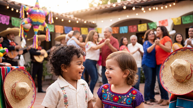 Hispanic Heritage Month features two laughing Latinx toddlers and string lights dancing family for cultural celebration banner