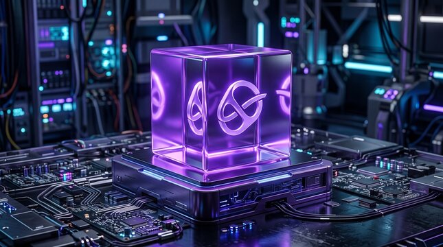 Illuminated cubic display showcases a logo on a metallic pedestal