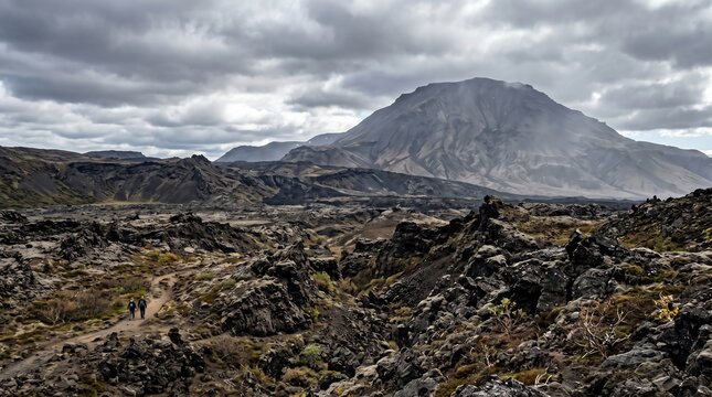 Volcanic Landscape with Lava Rocks and Mountain Peak under Dramatic Sky