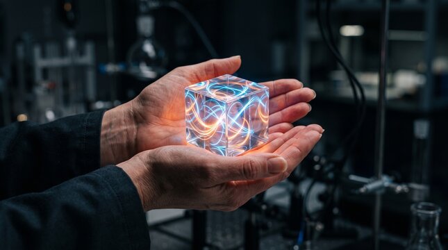Hands gently cradle a glowing translucent cube in a laboratory setting