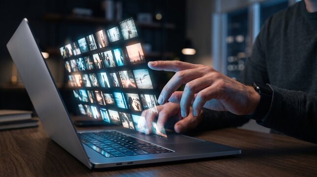 Person interacting with laptop displaying multiple thumbnail images