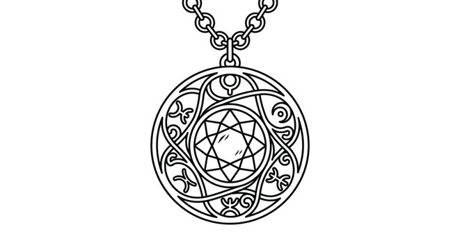 A detailed black and white line art illustration of a mystical circular pendant necklace.