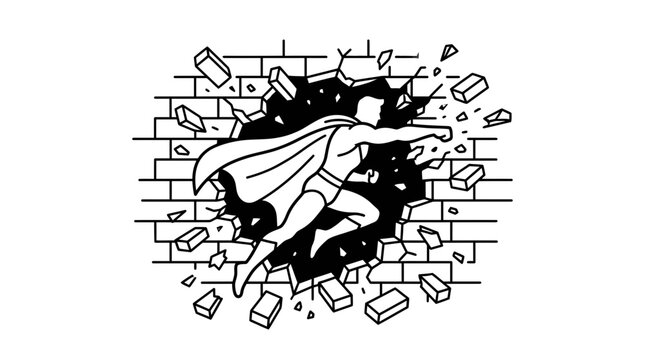 Line art illustration of a powerful superhero breaking through a brick wall.