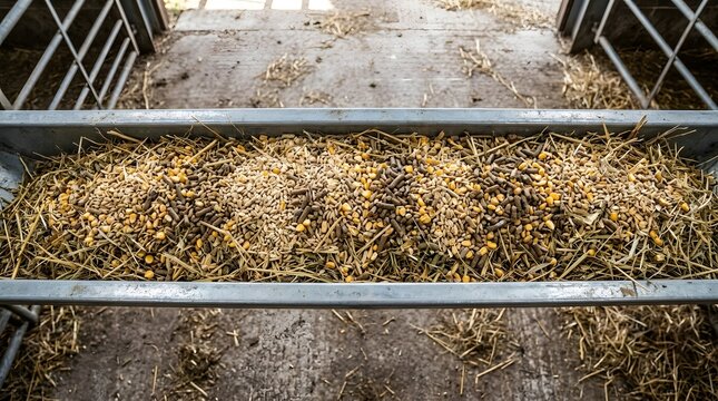High angle view of mixed grain and pellet feed in a metal farm trough