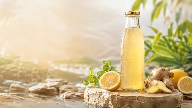 Premium lemon ginger wellness drink bottle with fresh citrus and ginger on natural stone pedestal for healthy beverage branding, functional nutrition marketing and FMCG campaigns