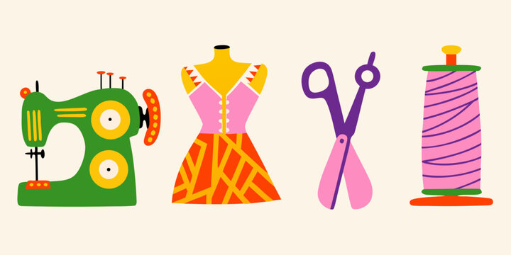 Sewing machine dress form scissors and thread spool vector illustration set