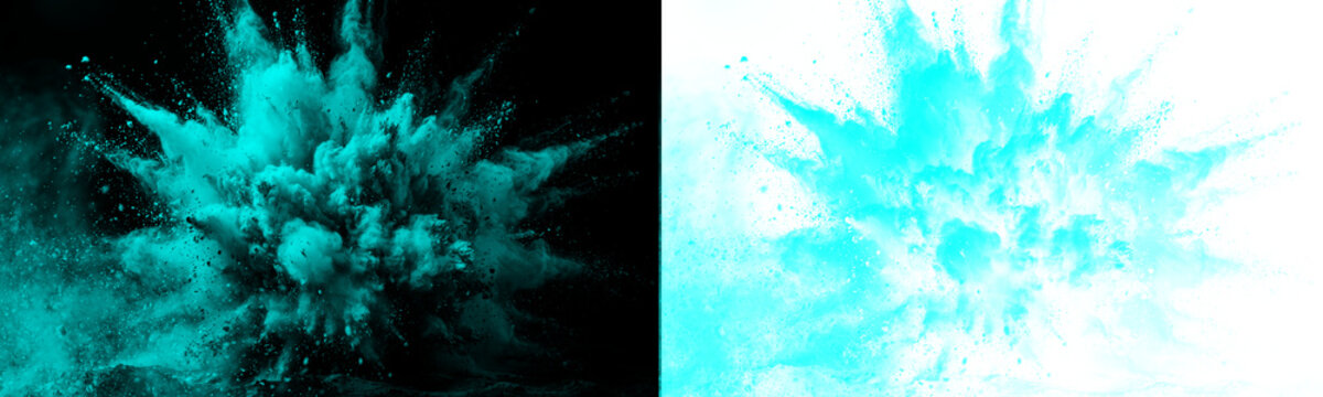 Turquoise powder explosion on black and transparent backgrounds