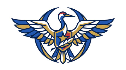 Obraz premium Stylized crane bird emblem with shield and crescent moon