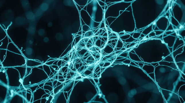 Microbiome research neuron network blue fiber abstract science background showing connected cell structure for medical study