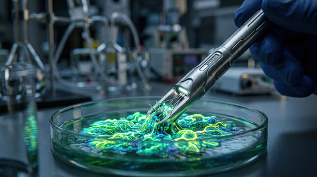 Microbiome research petri dish laboratory scientist glove culture sample show glowing microbe pattern during sterile experiment