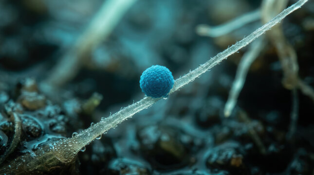 Microbiome research fungus spore mold hypha soil closeup blue sphere on filament showing natural microbial growth in damp earth