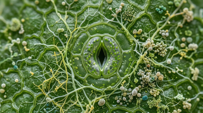 Microbiome research leaf stoma plant cell green surface with microbe colony and filament detail for botanical science study