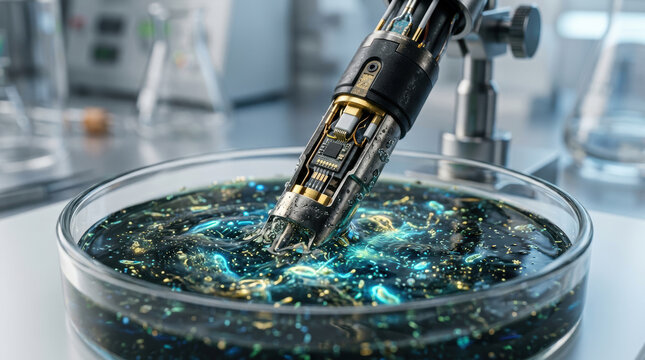 Microbiome research robotic probe petri dish examines glowing culture in laboratory for biotechnology analysis and sterile science