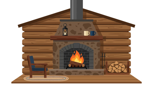 Cozy log cabin fireplace scene