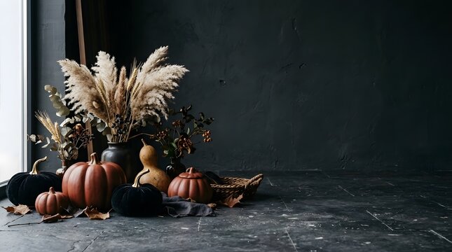 A captivating still life composition featuring pumpkins dried flowers and autumnal elements creating a moody and atmospheric halloween display for seasonal decor