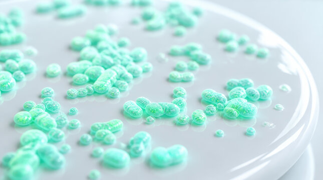 Microbiome research bacteria culture petri dish macro view with green colony growth for laboratory science and medical analysis