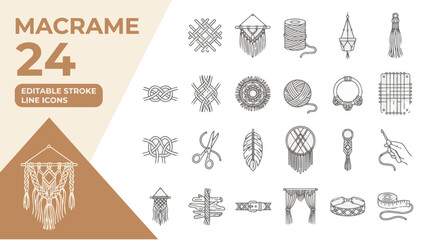Macrame crafting outline icon set for textile art on transparent background Editable Stroke. © icon_vectors