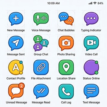 Comprehensive collection of colorful flat line communication and messaging app icons for mobile user interface and digital design