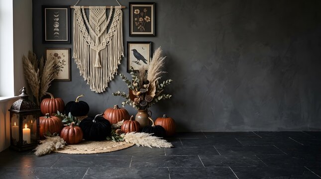 A hauntingly beautiful halloween still life featuring pumpkins candles and vintage frames evoking a sense of autumnal mystery and spooky elegance in a dark